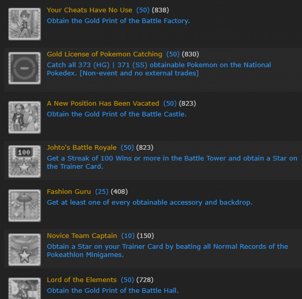 A list showing achievements such as obtaining the Gold Prints from the Battle Facilities, and earning stars for the Trainer Card by getting win streaks and beating records.
